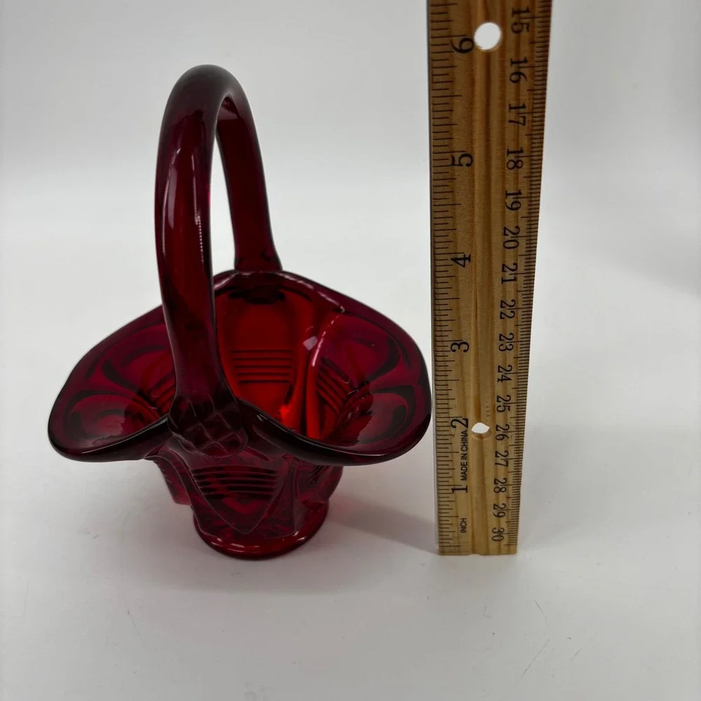 Vintage Ruby Red Glass Basket Pressed Pattern Scalloped Edge Applied Handle 6in